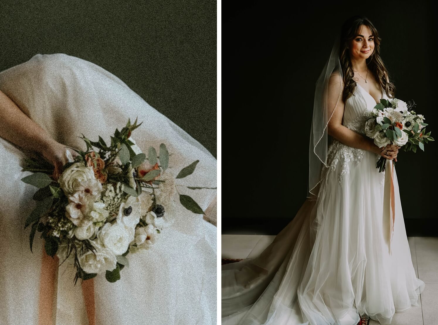Bouquet with white and coral flowers and greenery | Bride in flown wedding dress holding bouquet before Colorado elopement | McArthur Weddings and Events