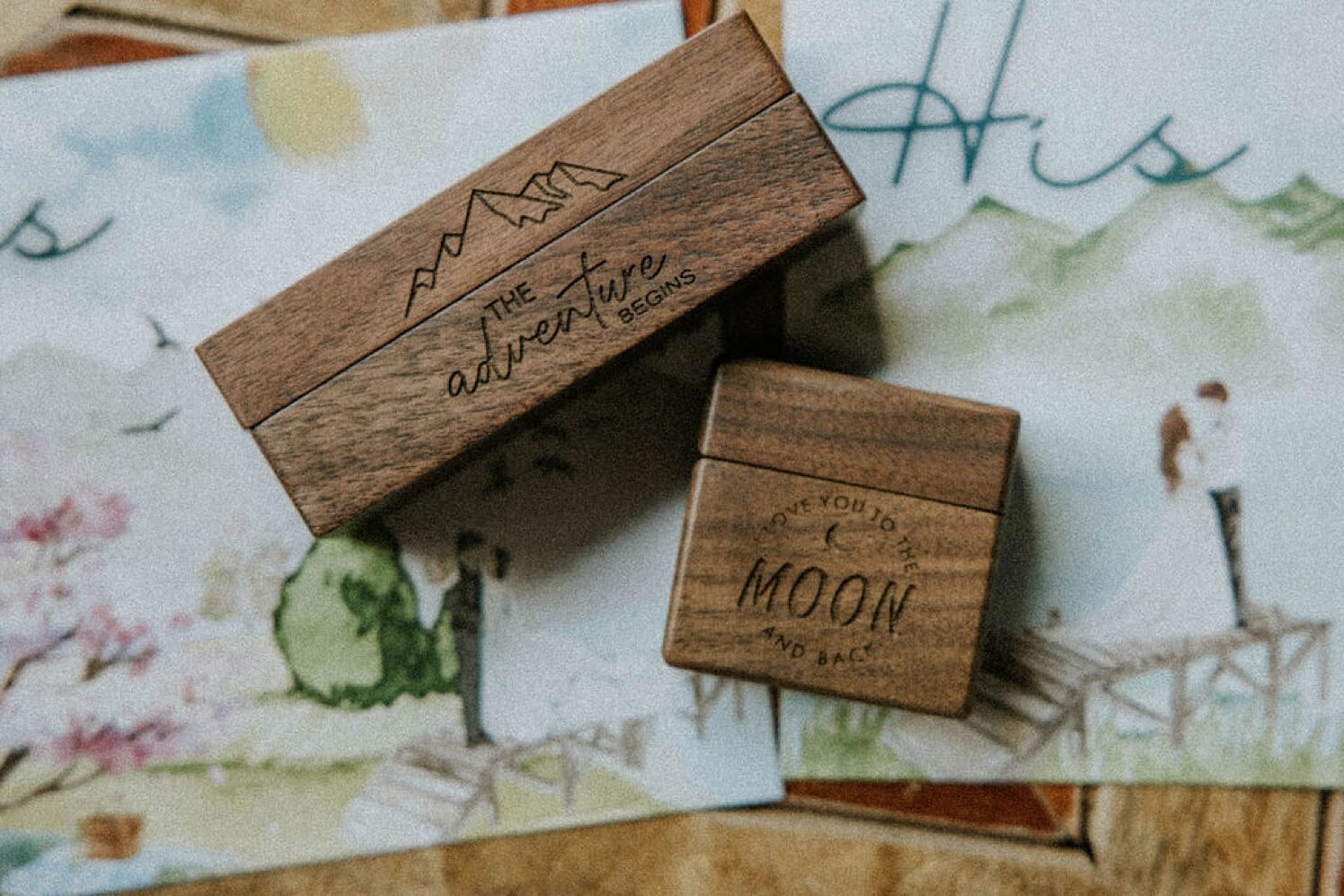 Wooden ring box that says the adventure begins | McArthur Weddings and Events