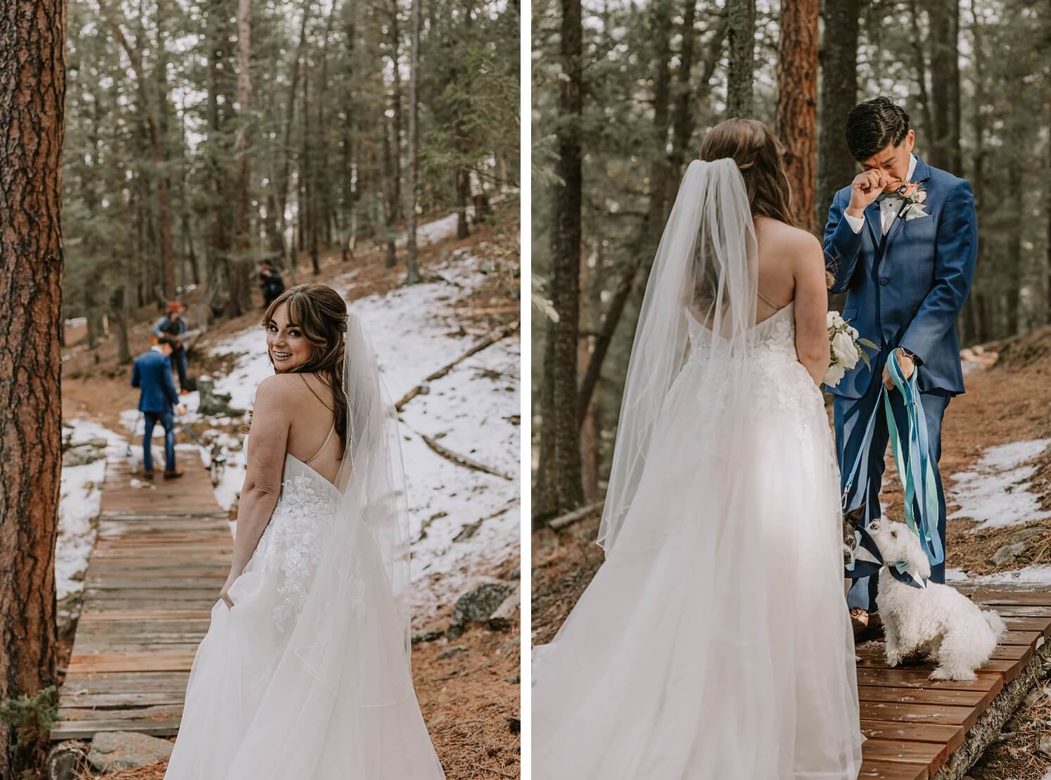 Bride looking over her shoulder before first look | groom treating up during first look with bride and dogs at Colorado elopement | McArthur Weddings and Events