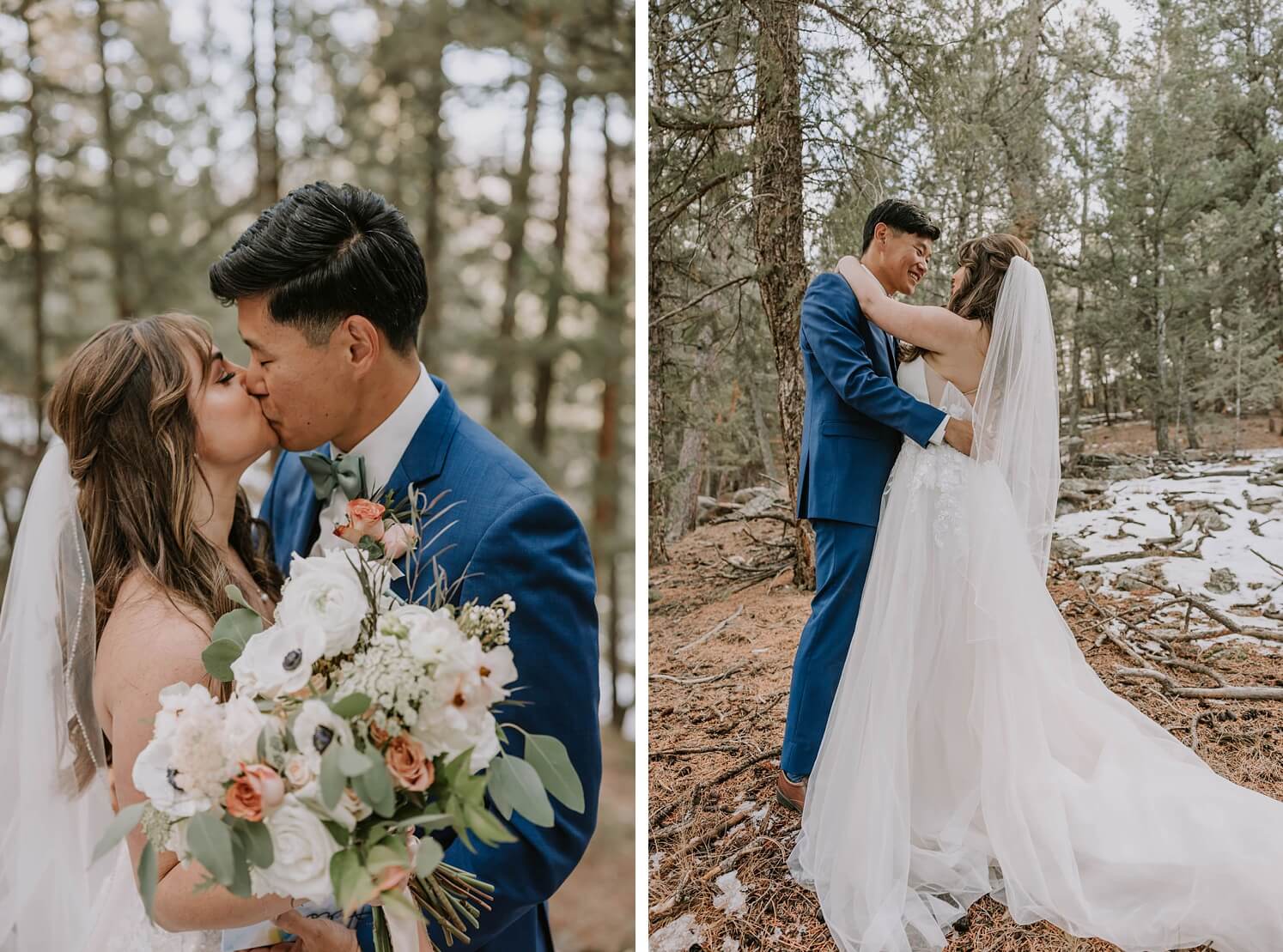 Bride and groom kissing with bride's bouquet in front of them | bride and groom looking at each other standing in forest at Juniper Mountain House | McArthur Weddings and Events