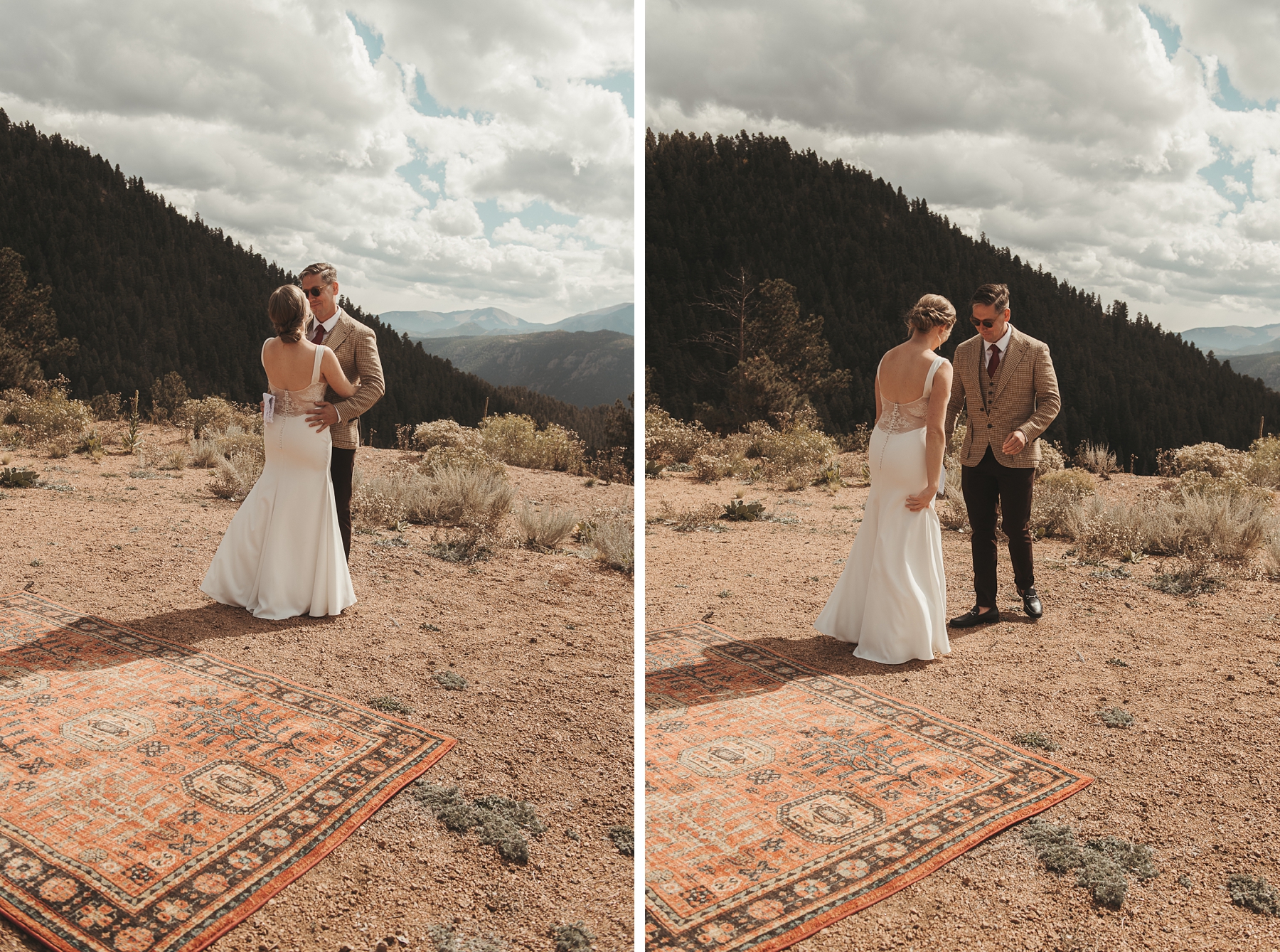 Bride and groom having first look at outlook at airbnb wedding venue in Colorado