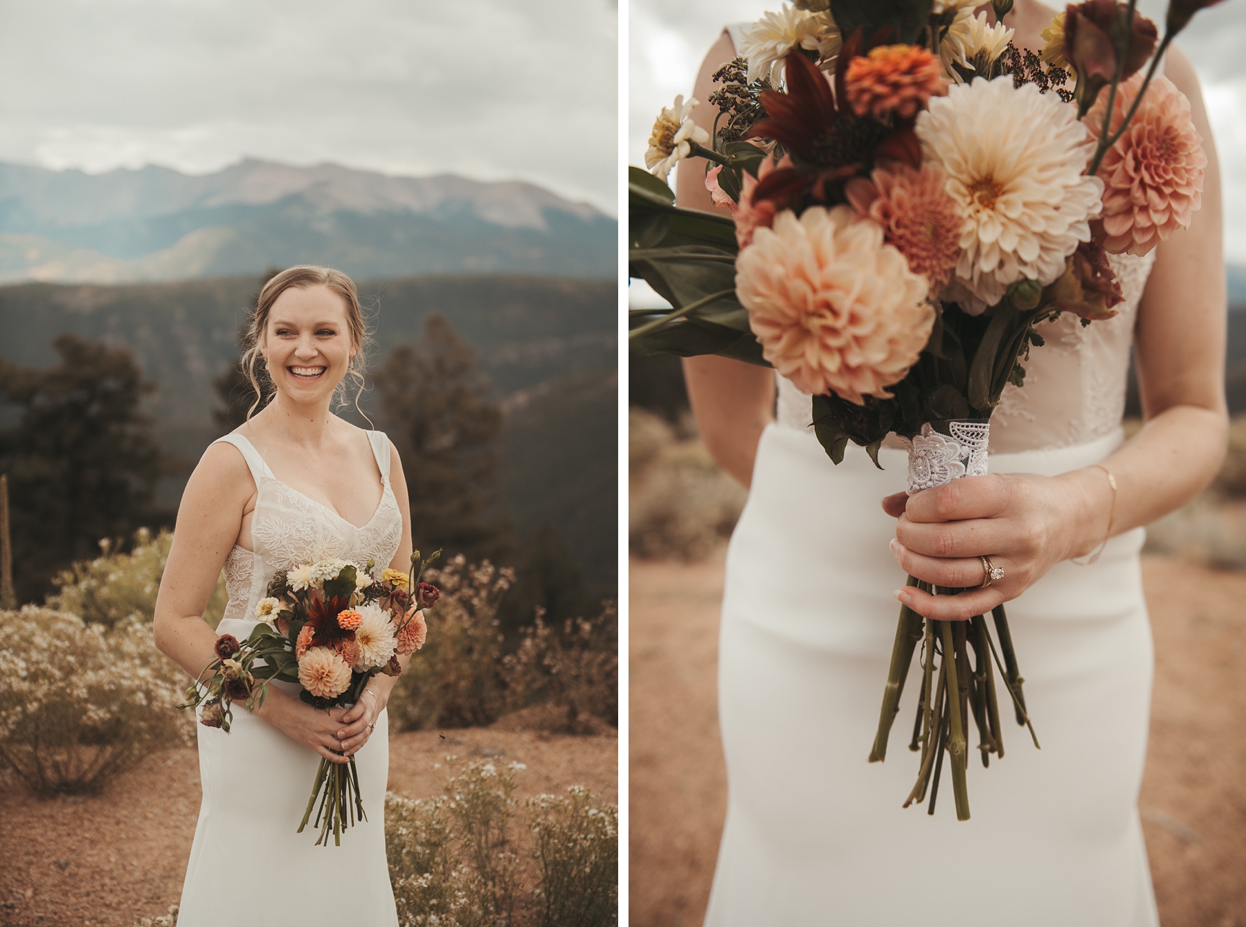 Bride carrying asymmetrical bouquet full of pink and cream dahlias at Airbnb wedding venue in Colorado