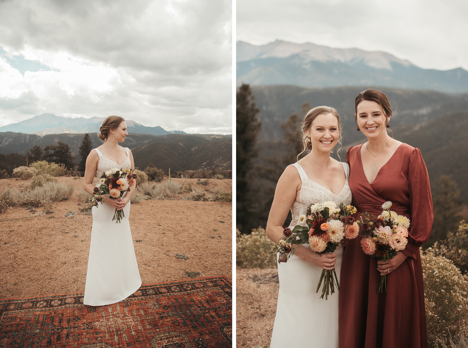 Bride holding bouquet of dahlias looking off in the distance | bride standing with bridesmaid in burnt Sienna dress 