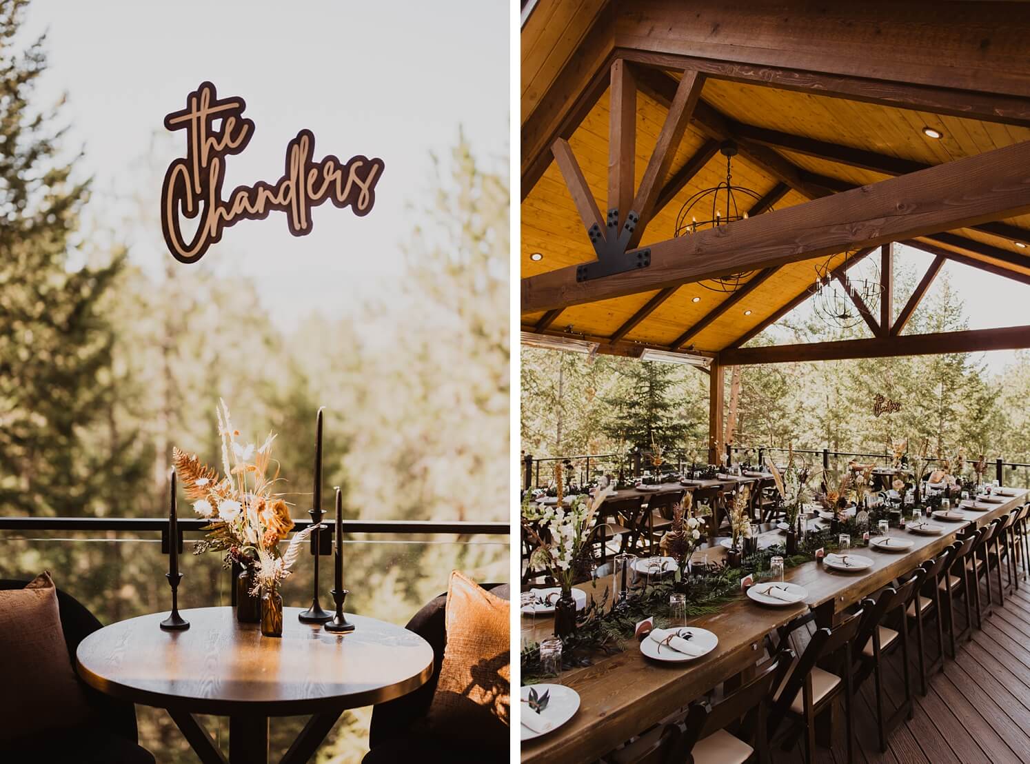 Last name sign hanging above sweetheart table | boho wedding decor at Juniper Mountain House | McArthur Weddings and Events