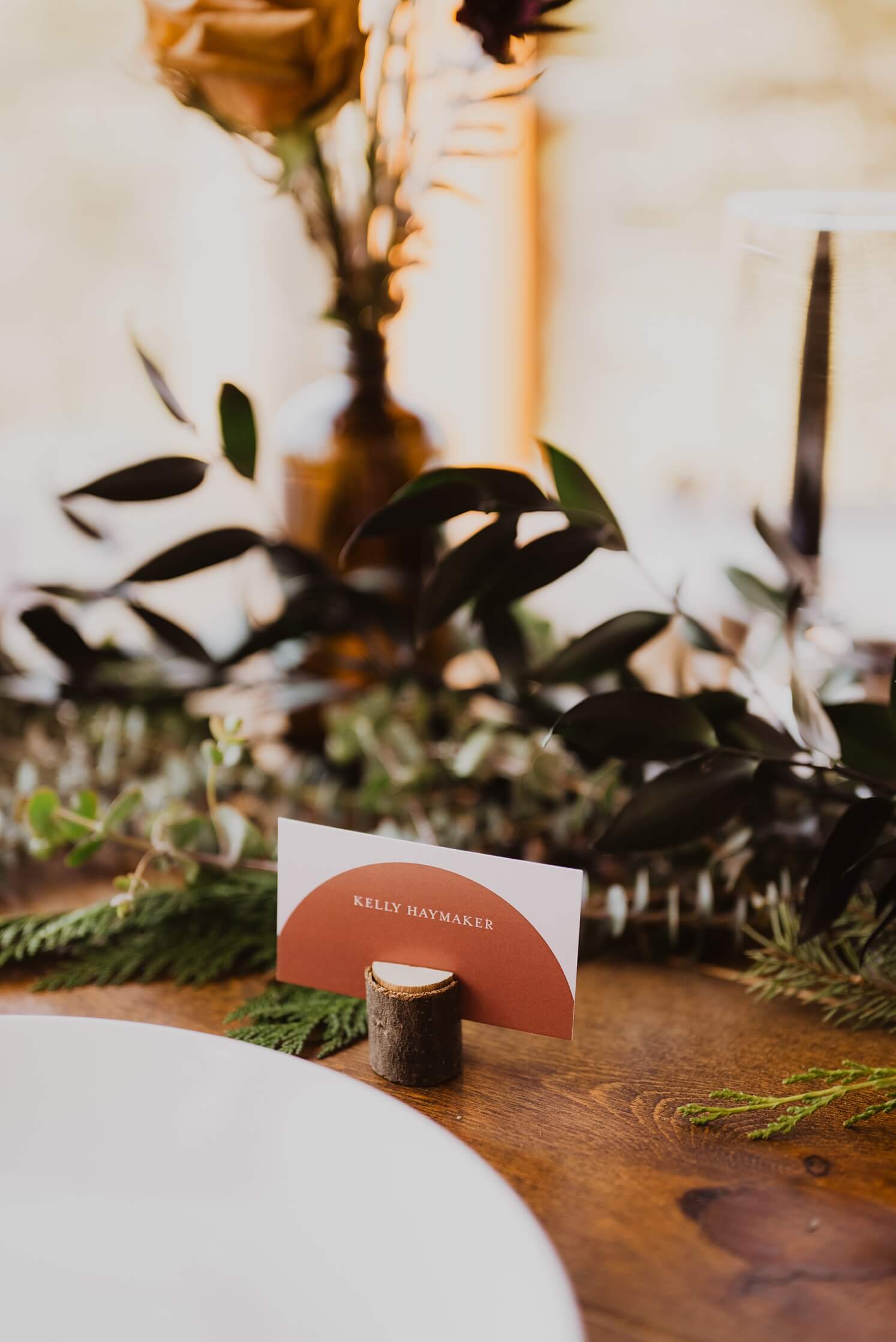 Half moon place card in wood holder | McArthur Weddings and Events