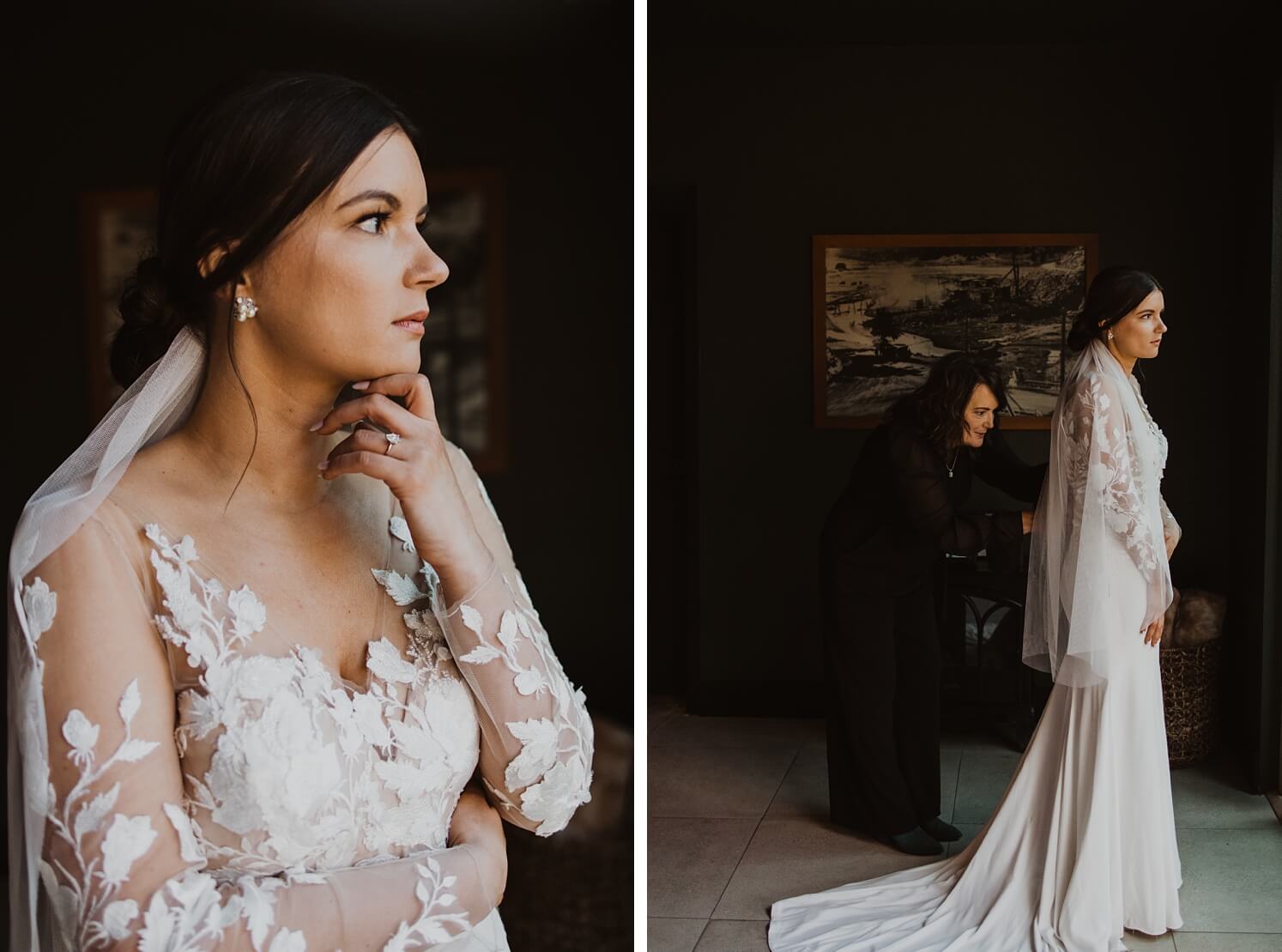 Bride looking off into the distance | mom helping bride put on boho wedding dress | McArthur Weddings and Events