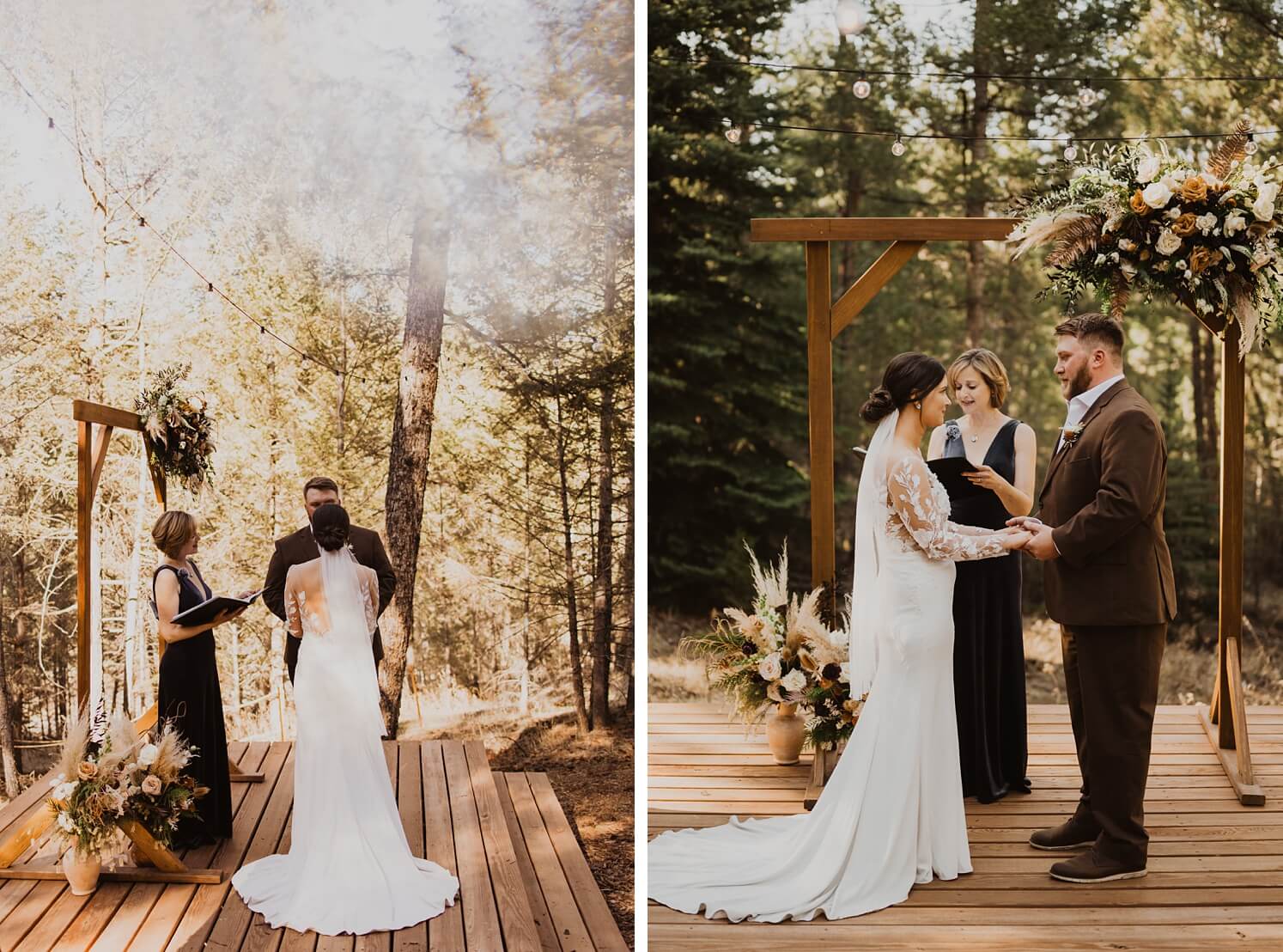 Bride and groom standing at altar with officiant | bride and groom holding hands at Evergreen wedding venue | McArthur Weddings and Events