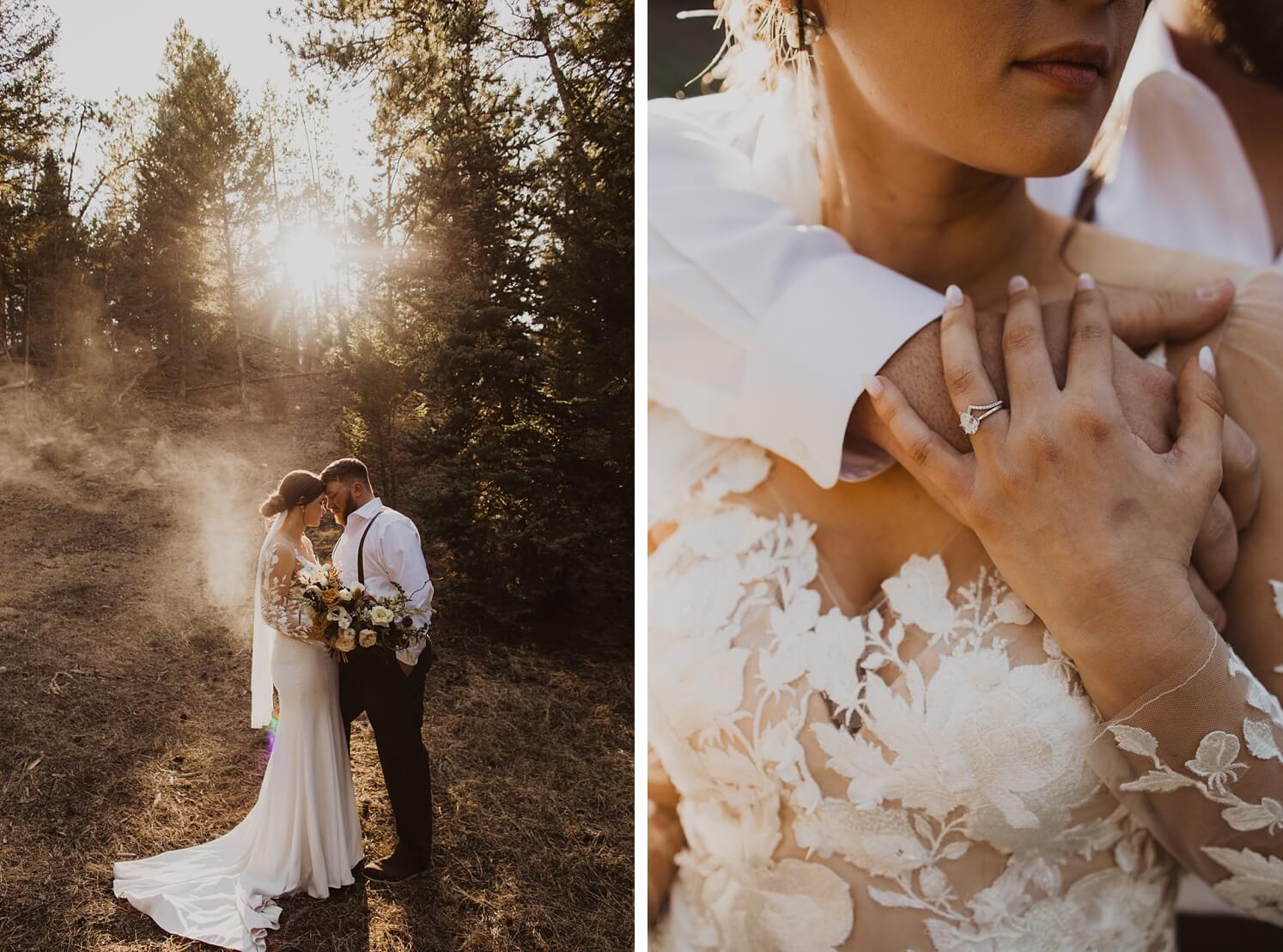 Bride and groom looking at each other in forest | Pear shaped wedding ring | McArthur Weddings and Events