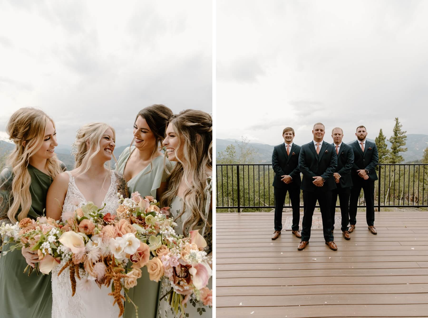 Bride laughing with bridesmaids at Idaho Springs wedding ceremony | groom standing with groomsmen on deck at North Star Gatherings | McArthur Weddings and Events