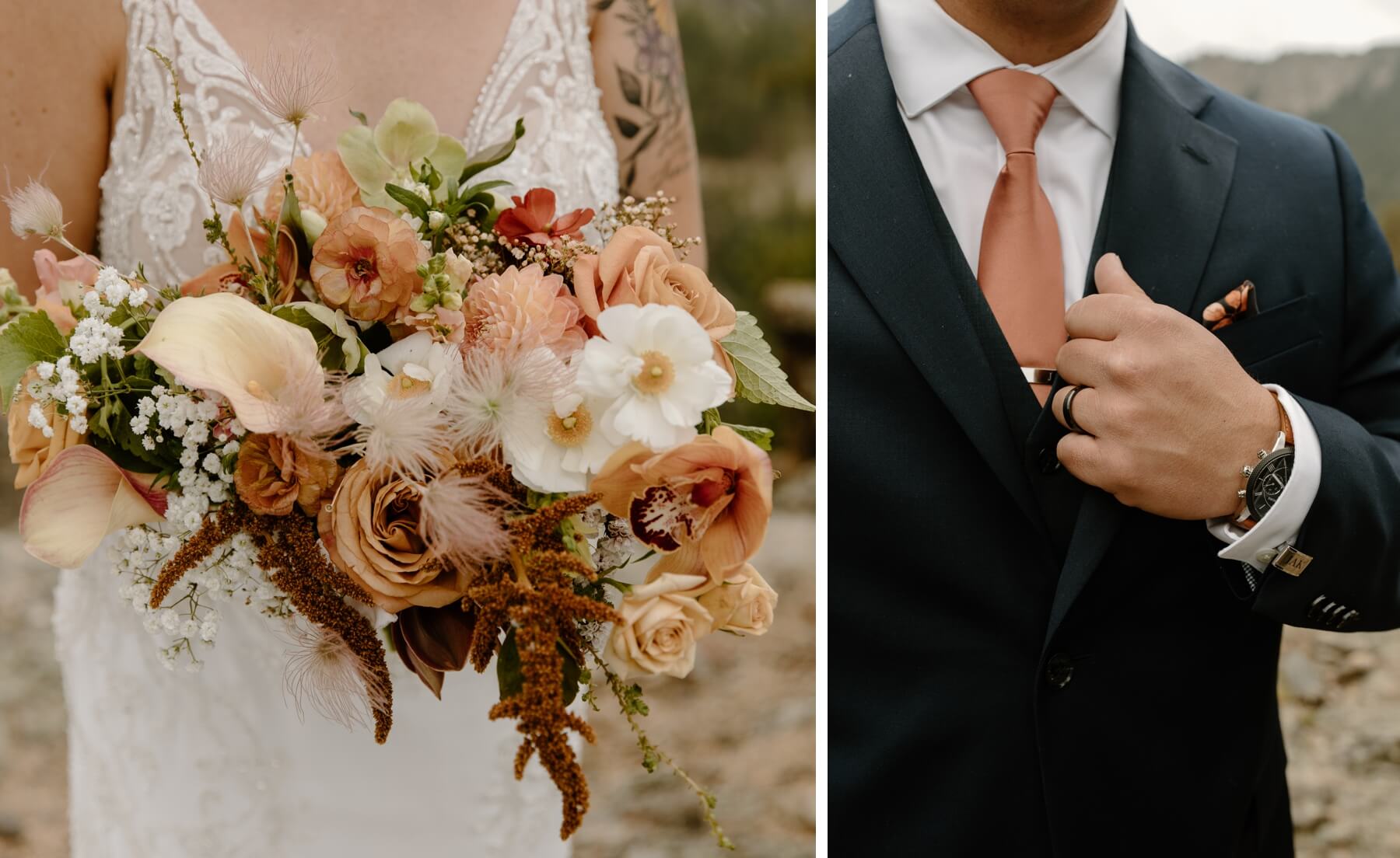 Bride's boho bouquet full of white, peach, and pink flowers | groom wearing navy suit with terracotta tie | McArthur Weddings and Events
