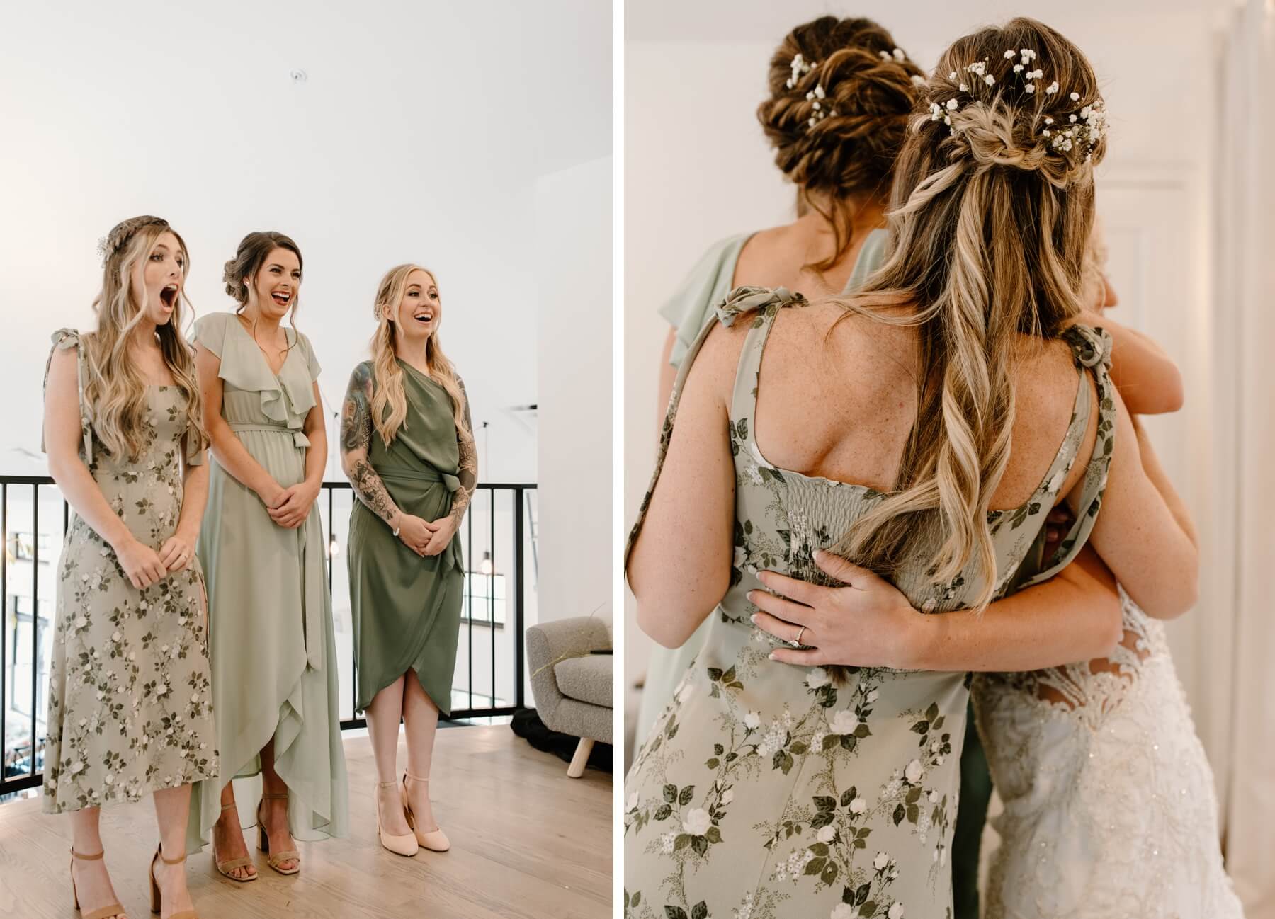 Bridesmaids reacting to seeing bride in her dress | bride hugging bridesmaids before ceremony | McArthur Weddings and Events