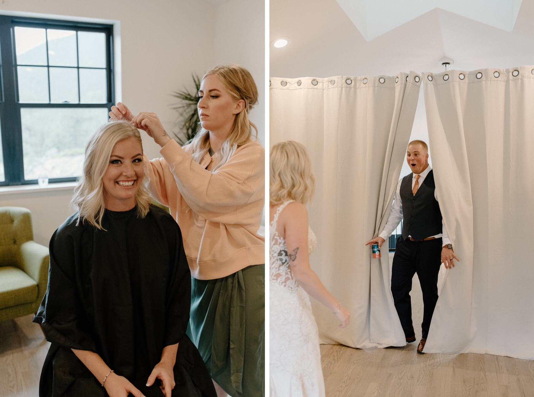 Bride getting haircut in between ceremony at reception | Groom reacting to bride's surprise hair cut | McArthur Weddings and Events