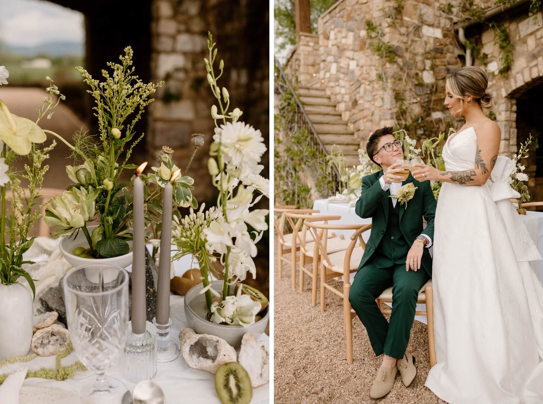 Stone colored tapered candles with green and white wedding flowers | Partner sitting in chair and clinking glasses with standing partner