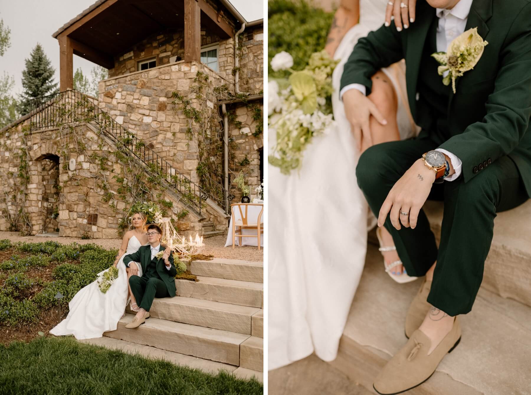 Couple sitting on stairs in front of white chandelier | partner wearing dark green suit with tan shoes