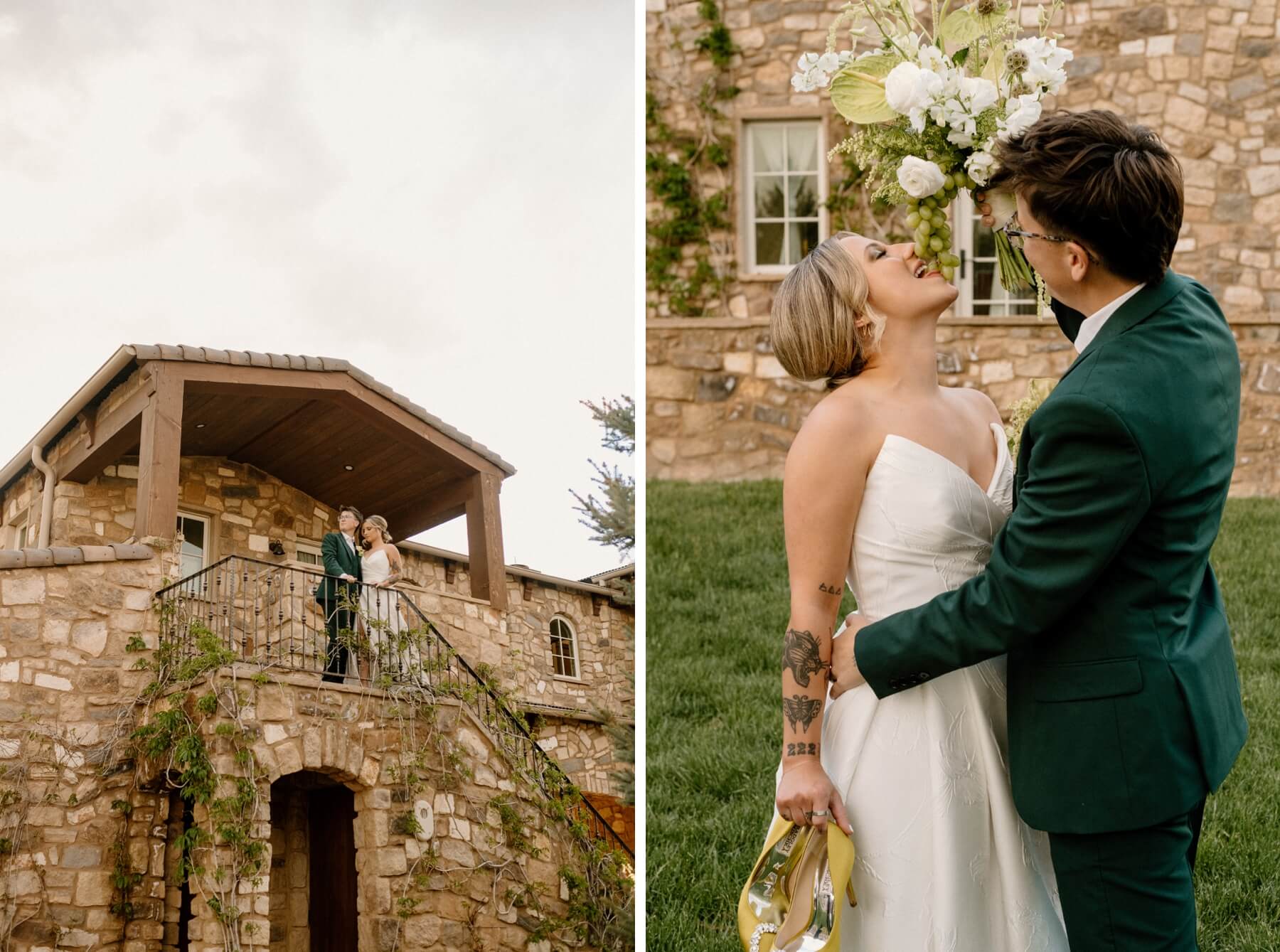 Couple standing on balcony of European inspired home | Partner eating grapes from wedding bouquet that other partner is holding