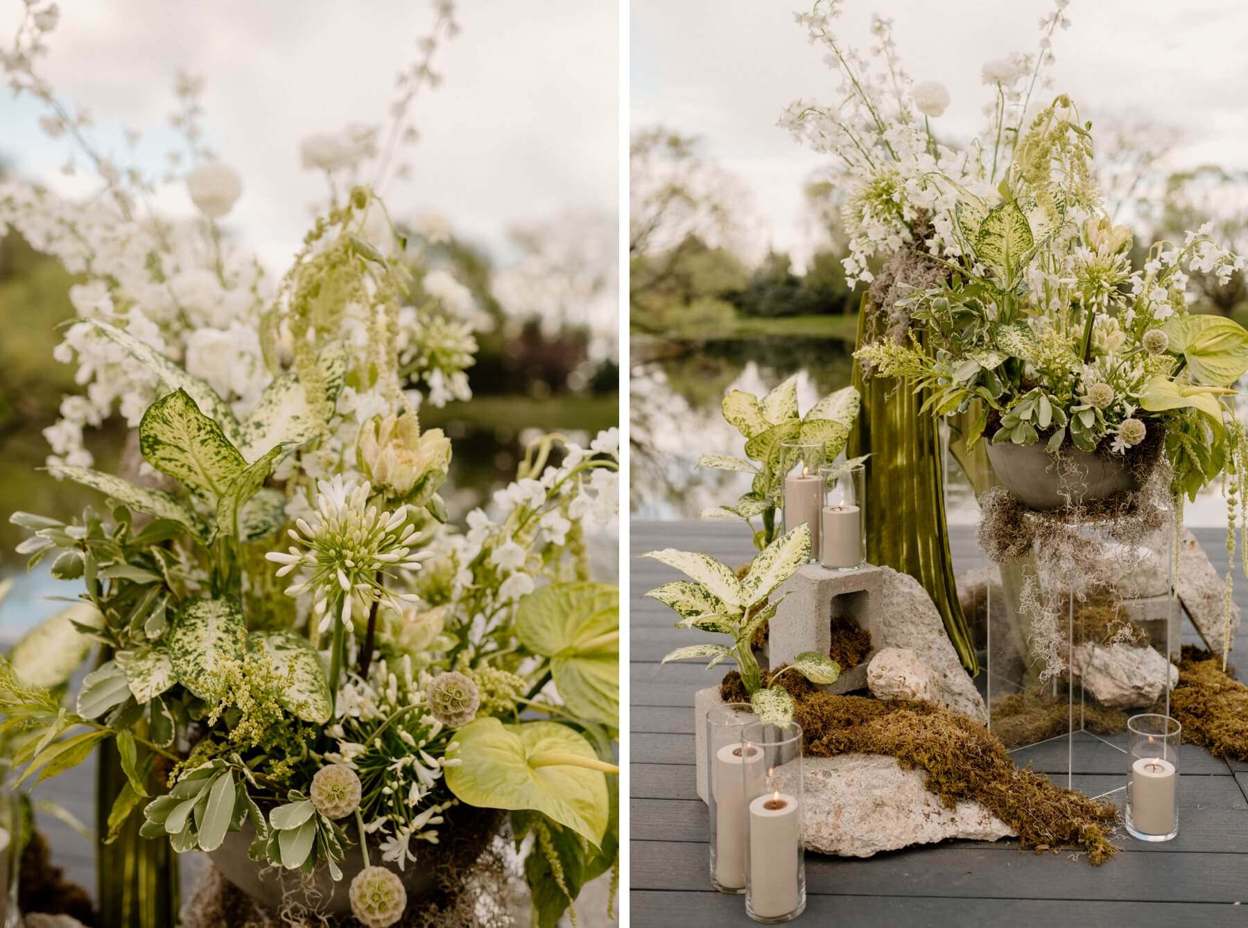 Green and white wedding inspiration: green and white flowers with stone colored candles