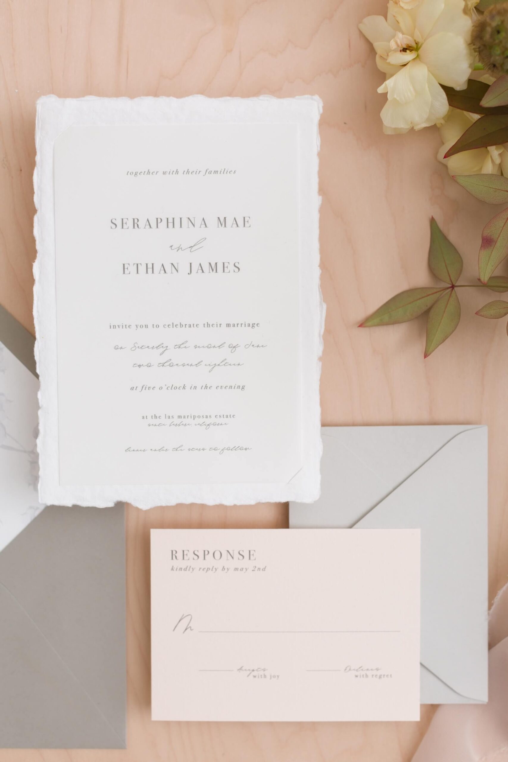 Wedding invitation with RSVP questions on RVSP card