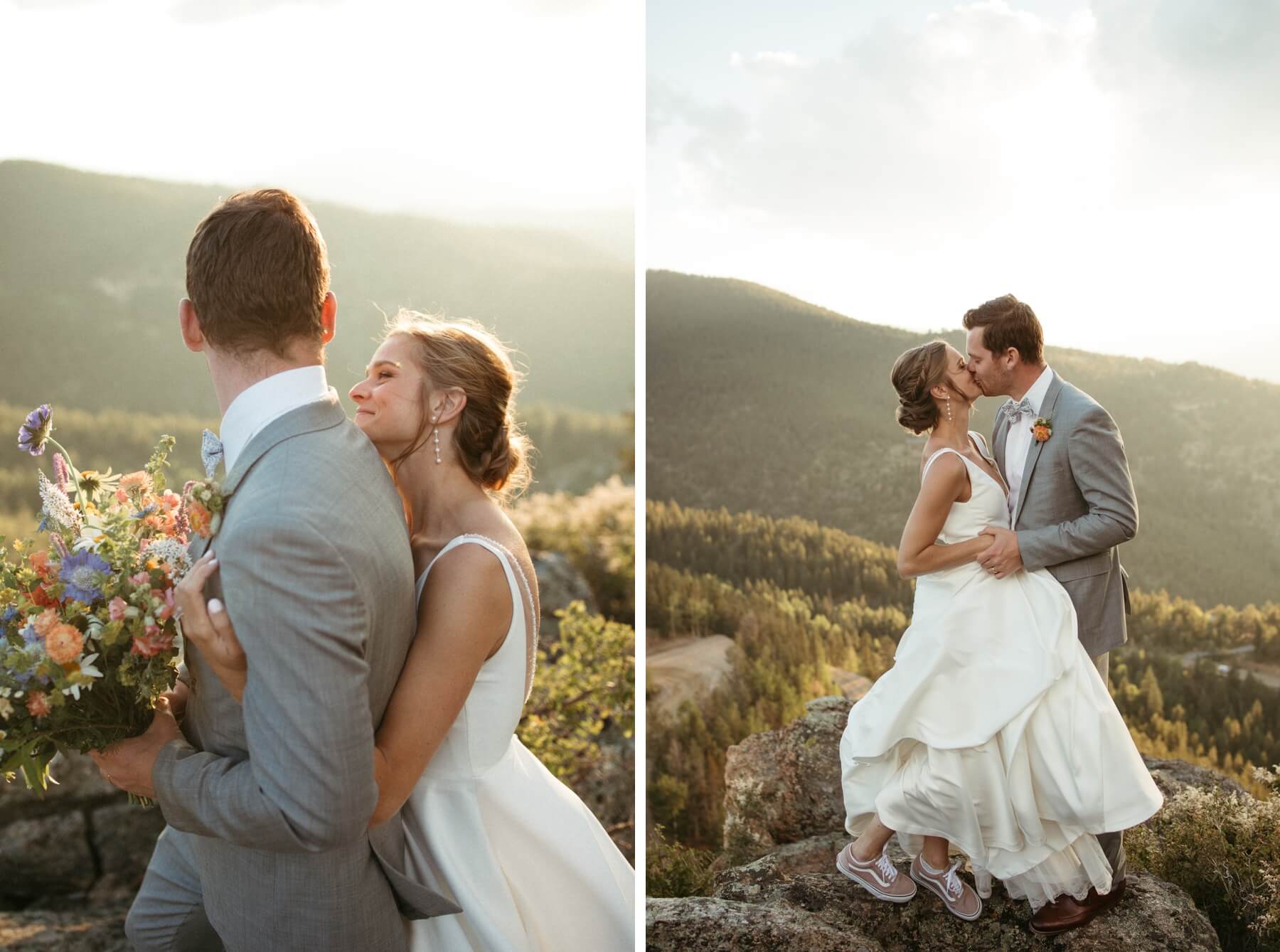 Bride standing behind groom as he holds her bouquet | bride and groom kissing during golden hour photos with bride wearing sneakers