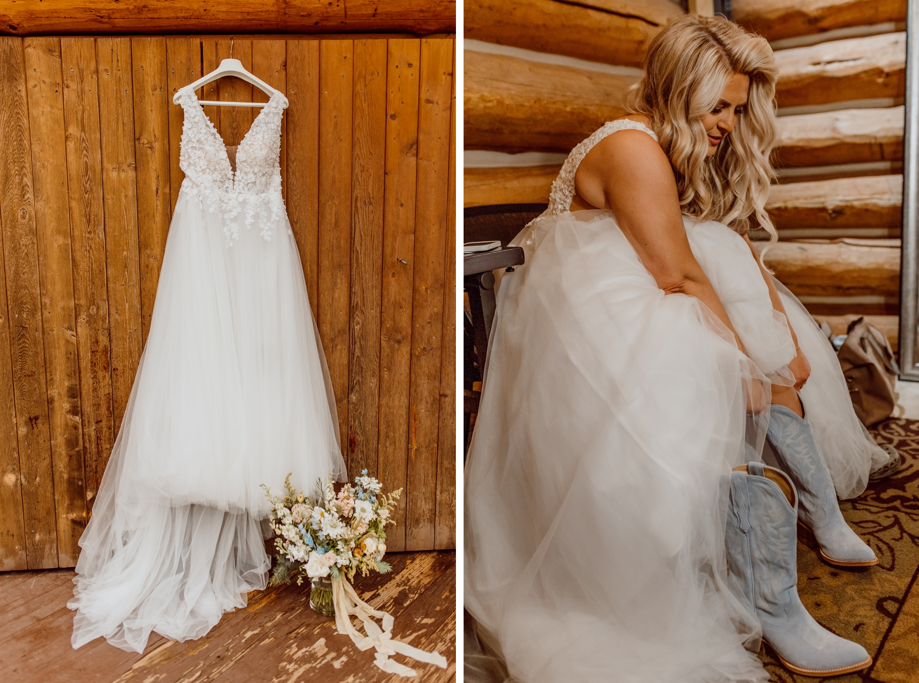 A-line tulle wedding dress hanging in front of wood wall | bride putting on pale blue cowboy boots
