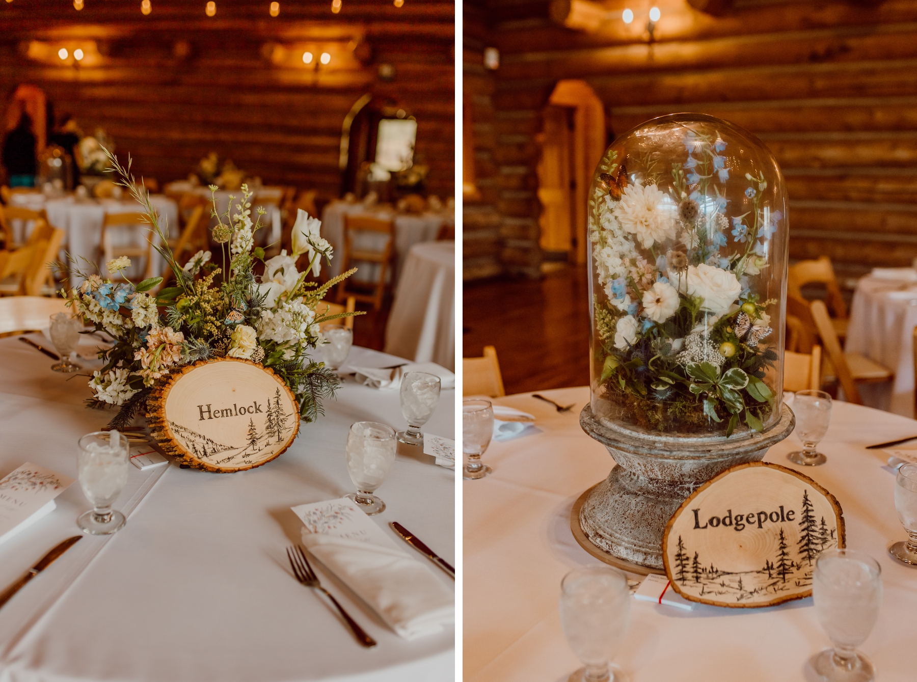 Wildflower floral arrangements with live butterflies and handmade wood table signs 
