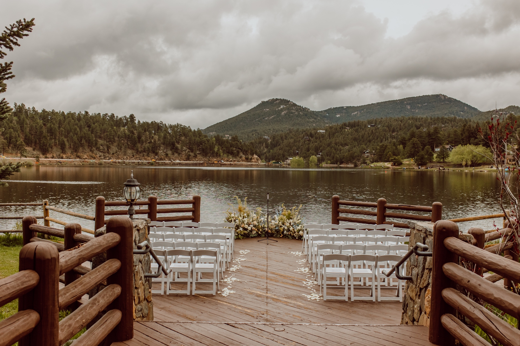 Wedding ceremony set up on deck at Evergreen Lake House