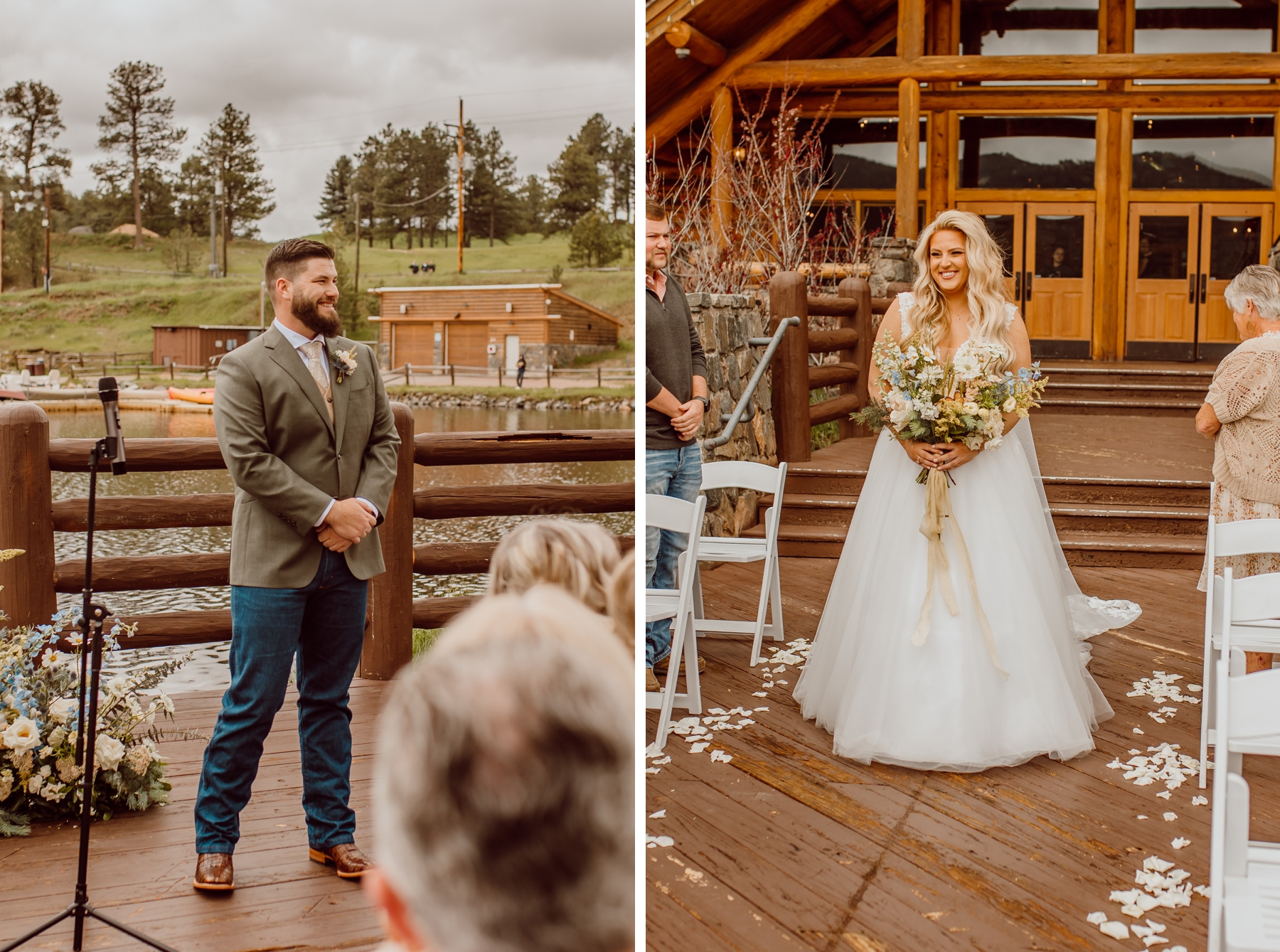 Groom watching bride as she walks down the aisle at Evergreen Lake House