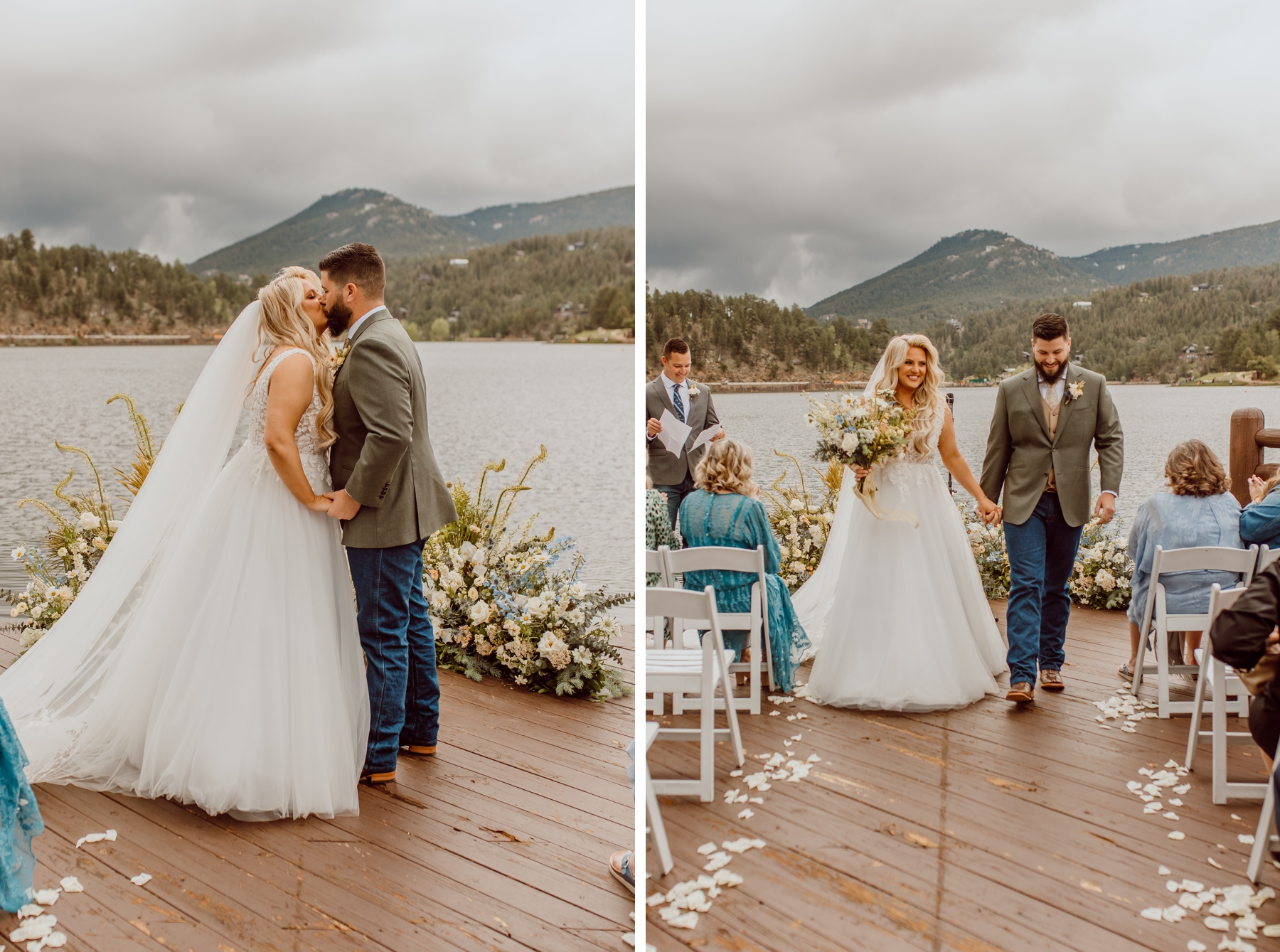 Bride and groom kissing then exiting ceremony at Colorado wedding venue