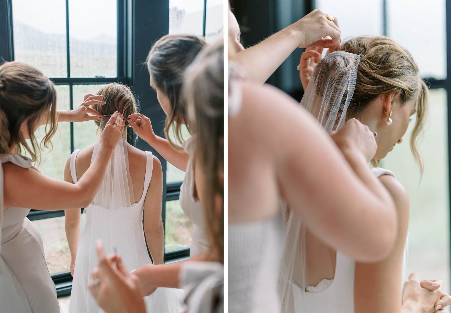 Bridesmaids helping bride put veil in hair