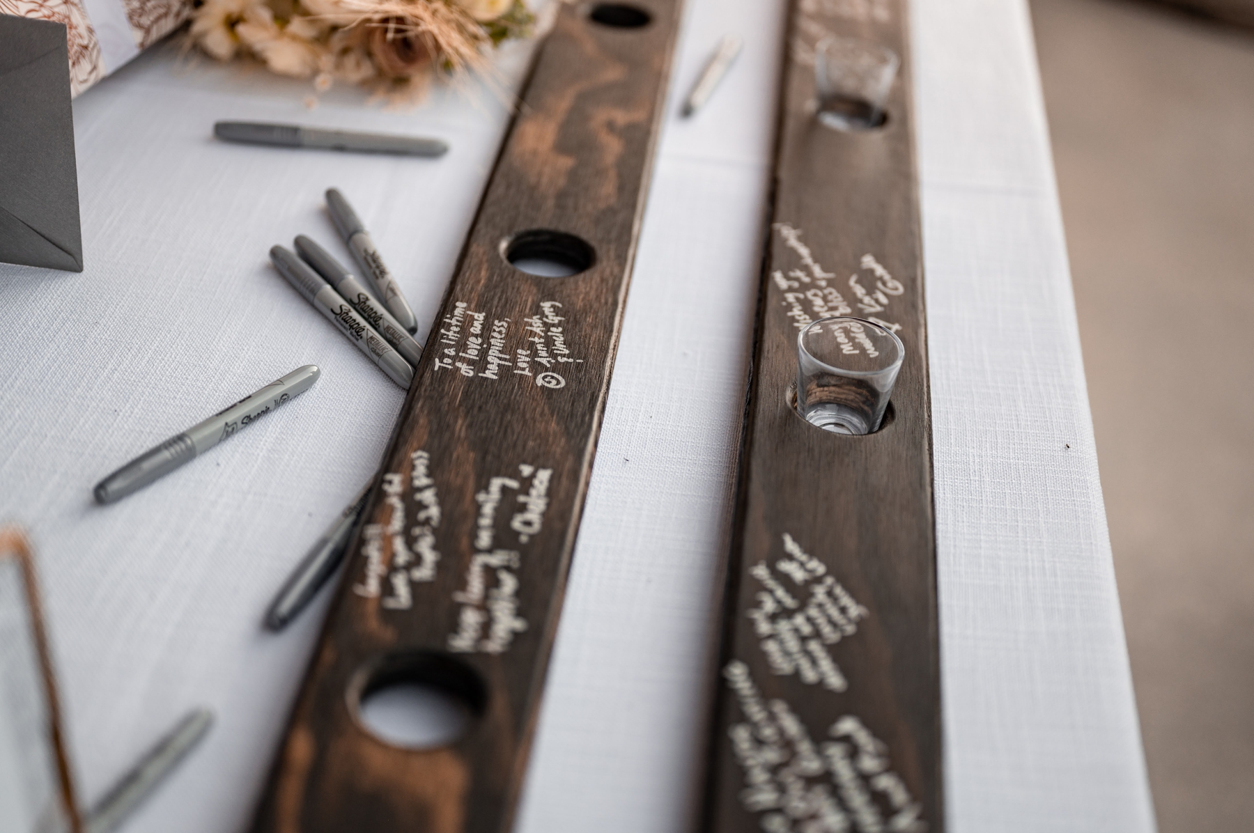 Wooden shotski used as guest book