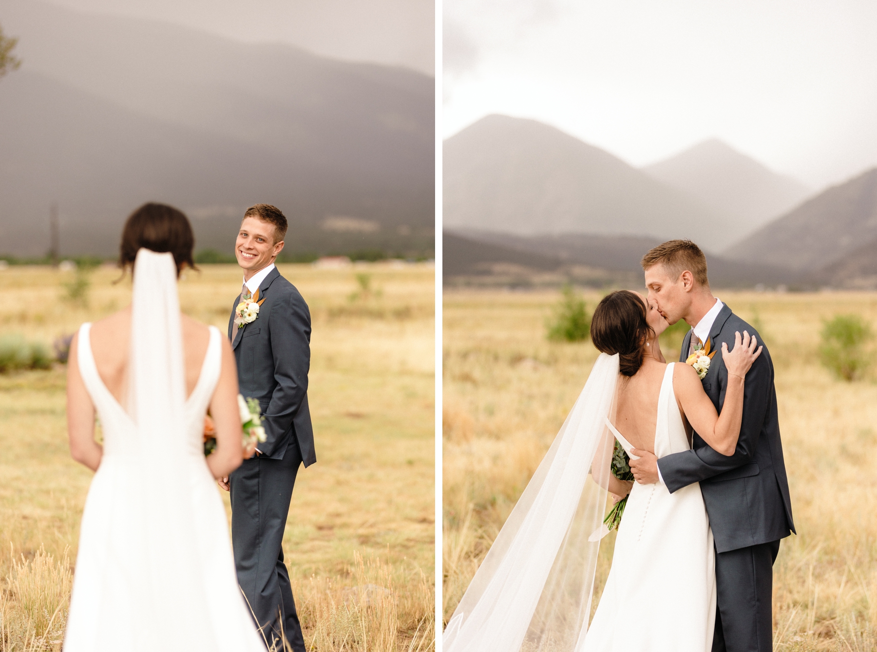 Groom turning around and seeing bride for the first time | bride and groom kissing in front of mountains