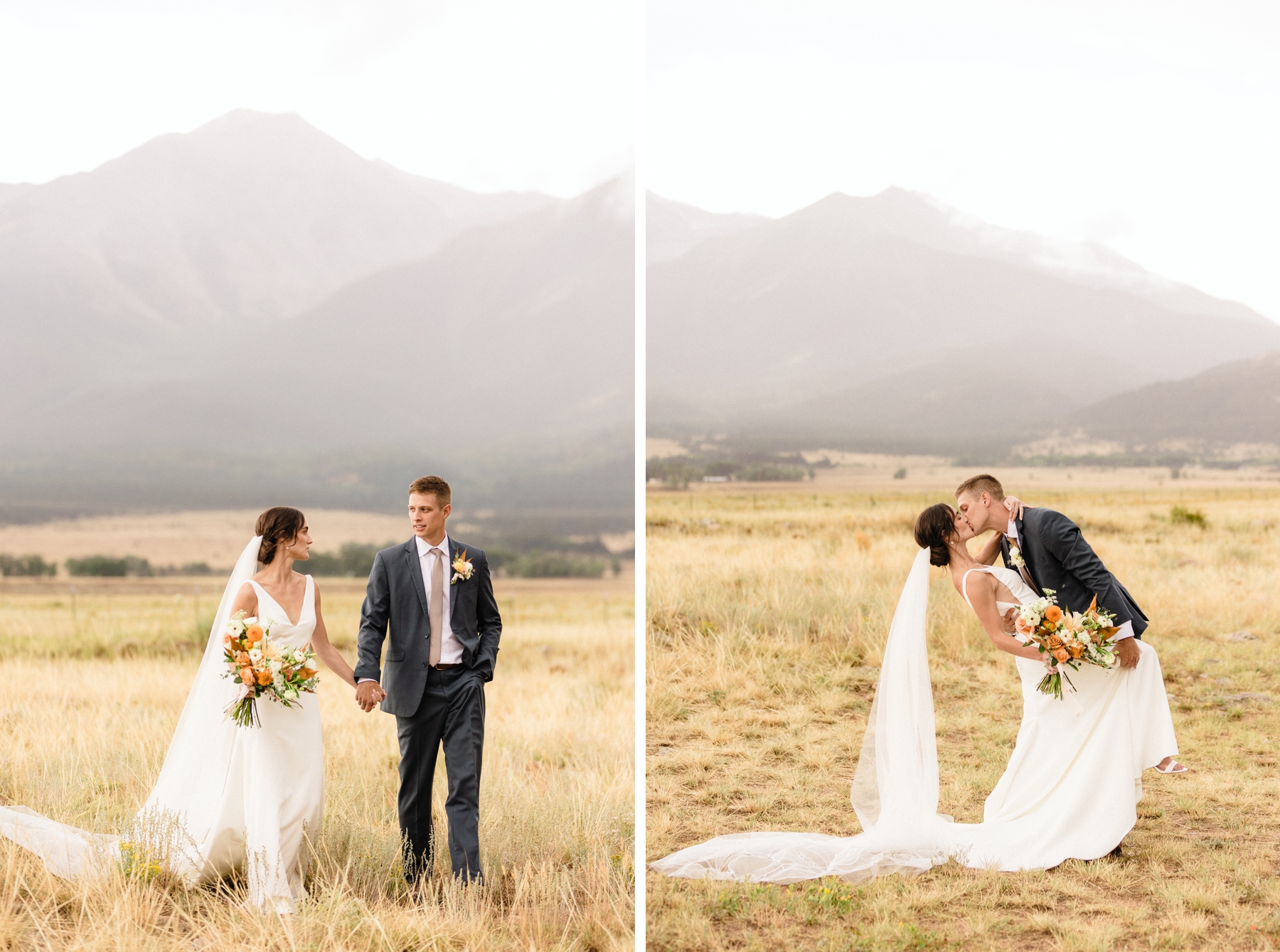 Bride and groom holding hands and walking in field at The Barn at Sunset Ranch | groom dipping bride while kissing her in field in front of mountains in Colorado 