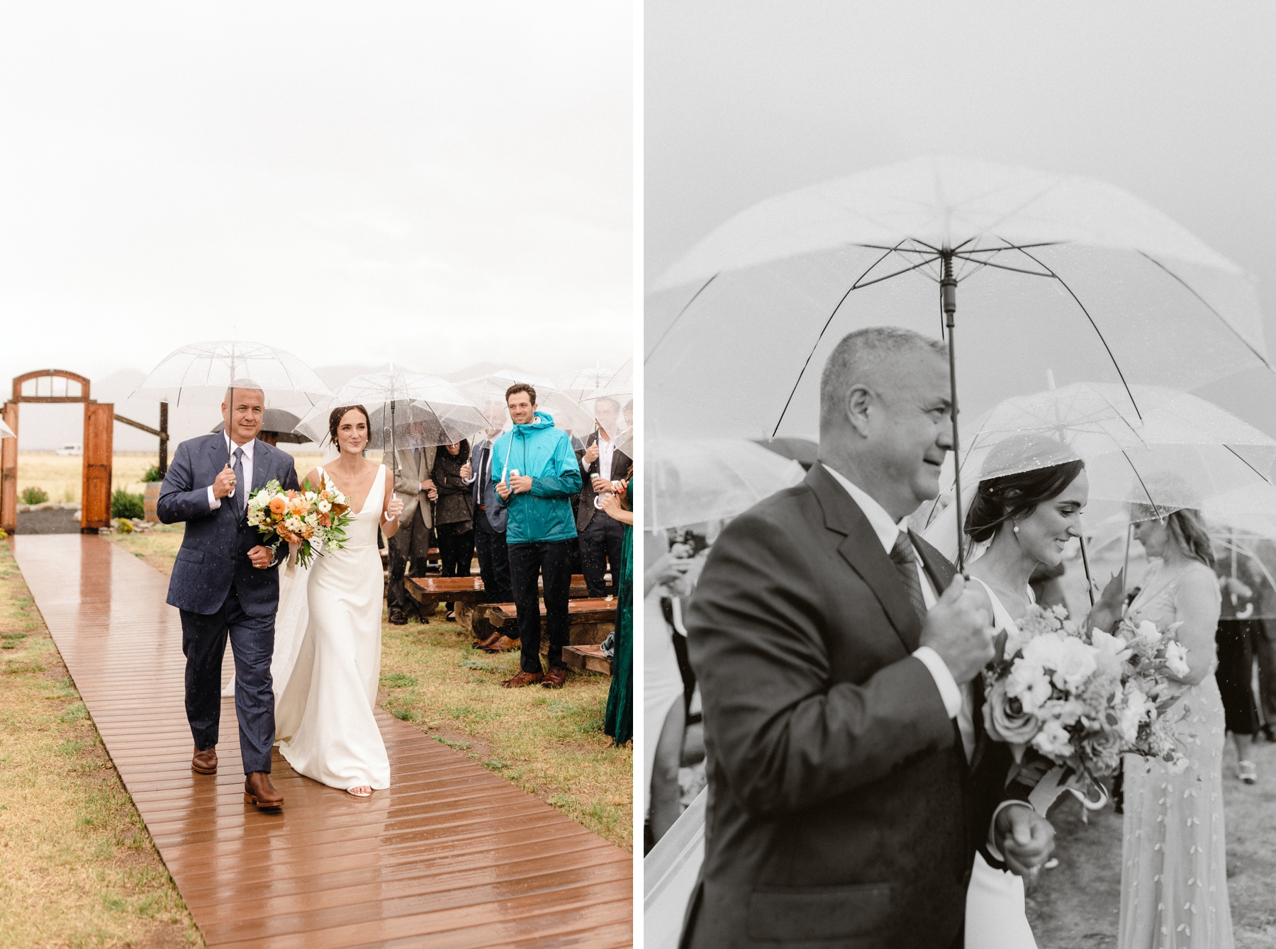 Bride walking down the aisle in the rain with dad while holding umbrellas at The Barn at Sunset Ranch 