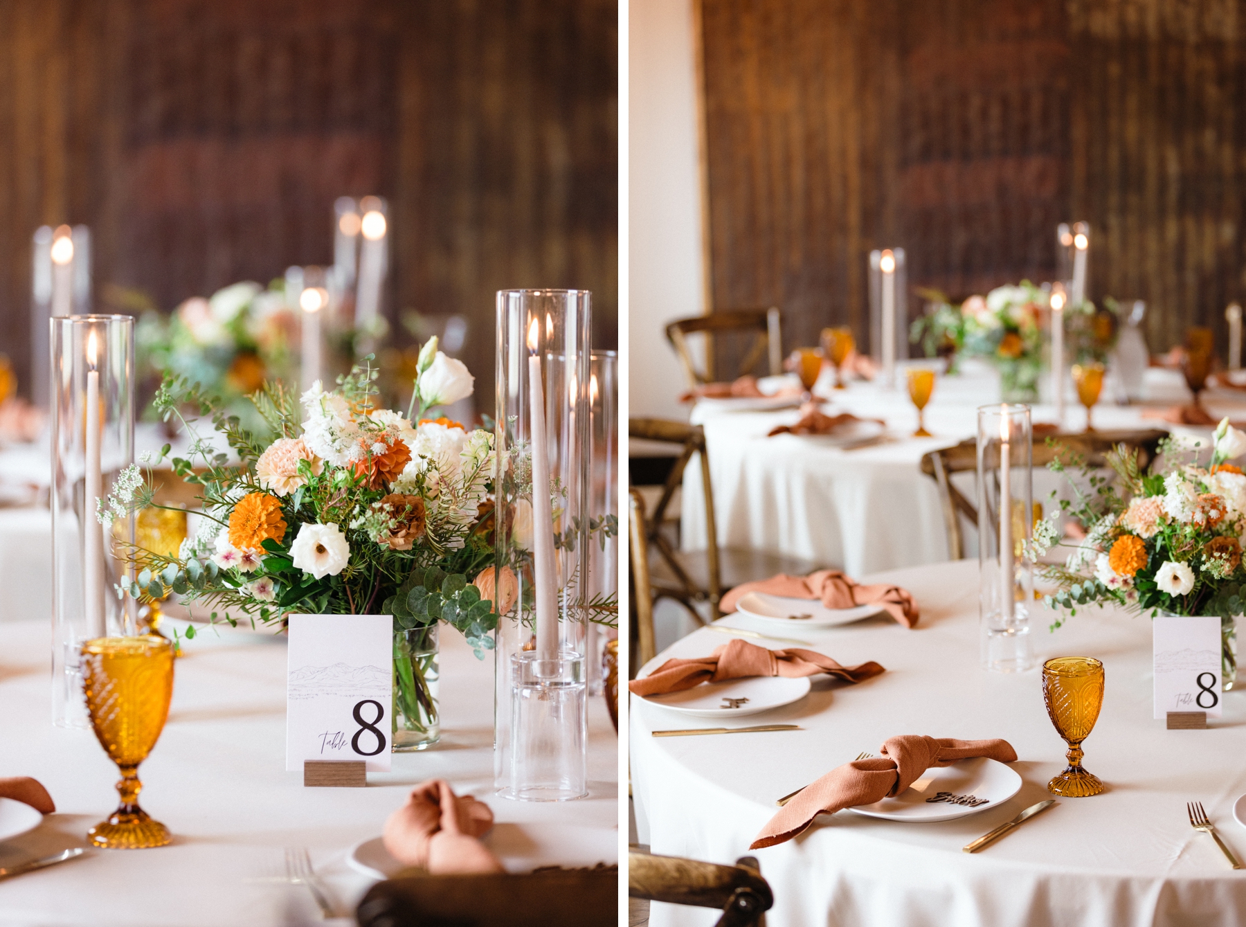 Orange, peach, and terracotta wedding reception details