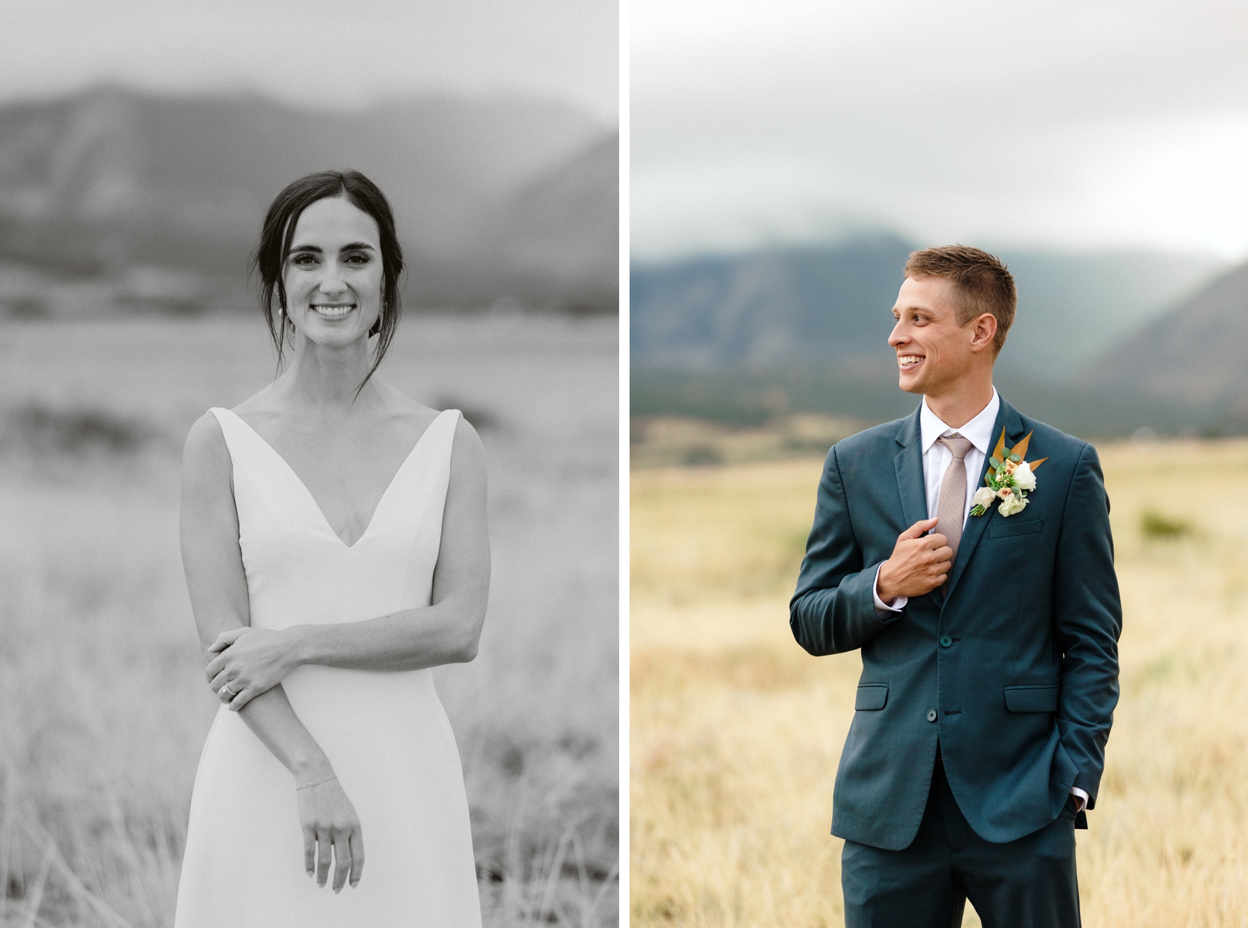 Bride and groom standing individually in field Colorado 