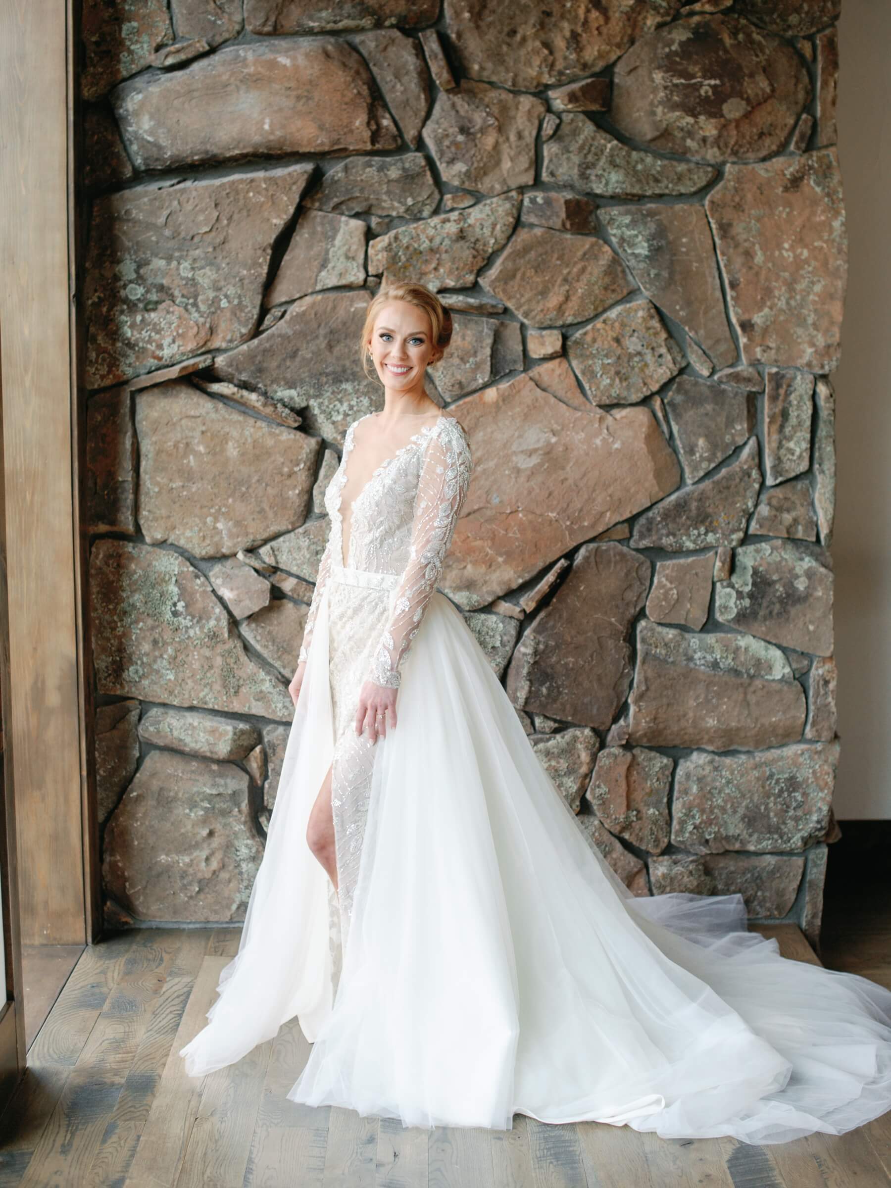 Bride wearing dress with detachable skirt